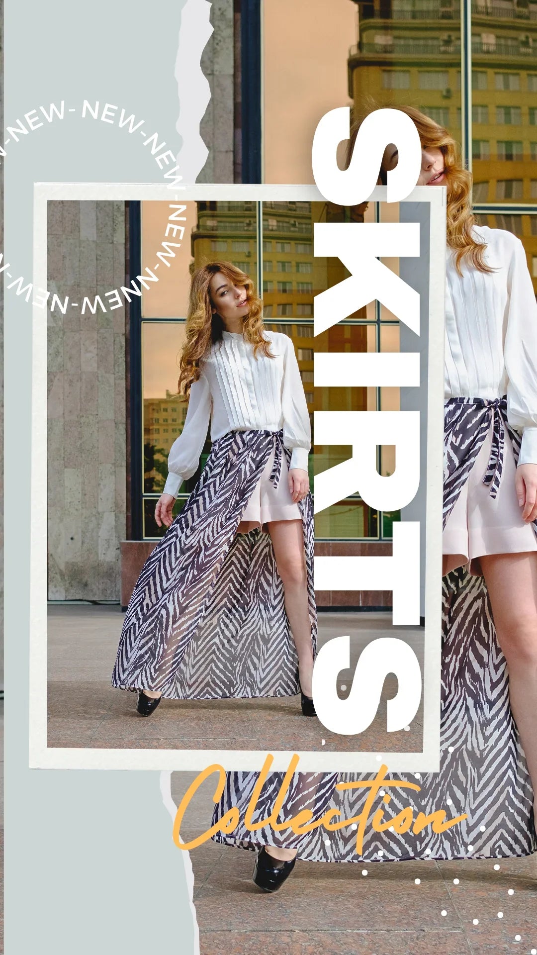 Woman in white blouse and zebra print skirt posing for modern skirts collection promo