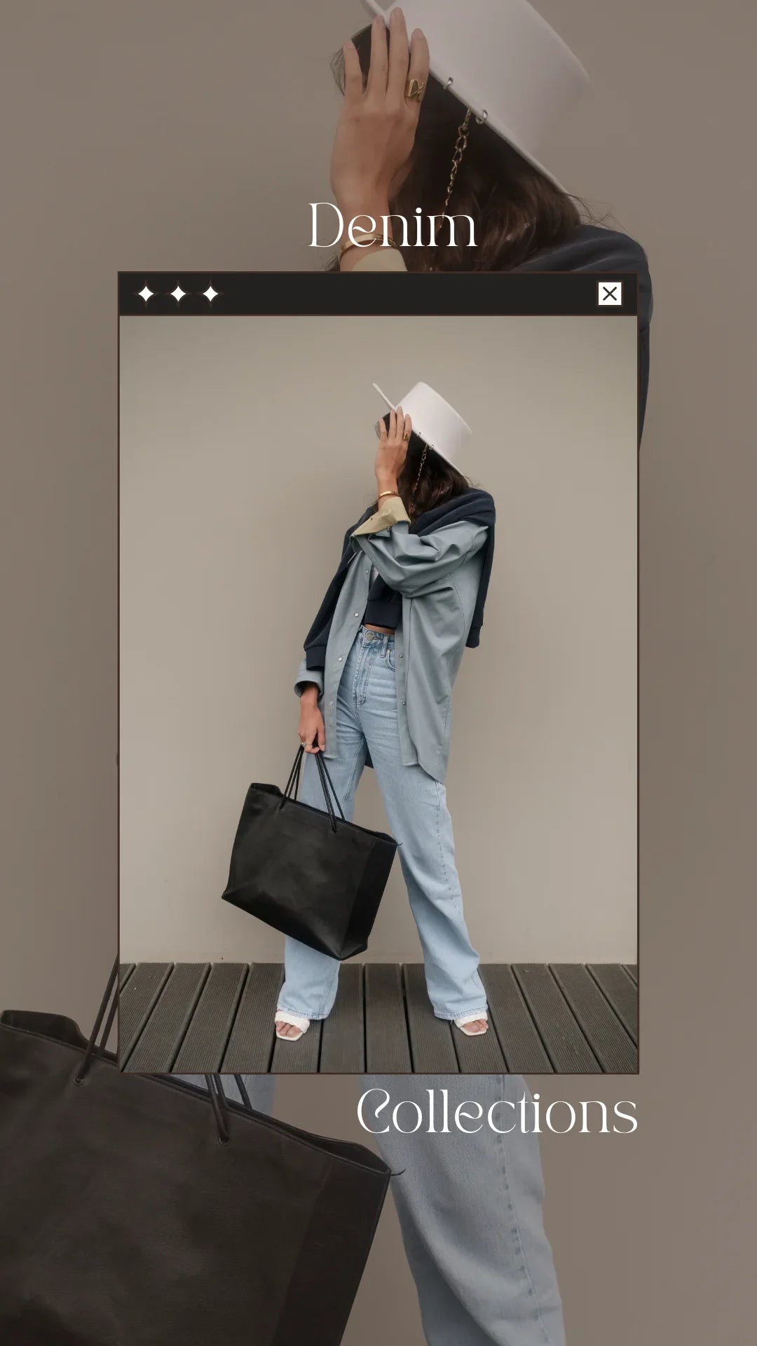 Woman in light denim jeans, denim shirt, white hat, holding black tote bag, fashion collection