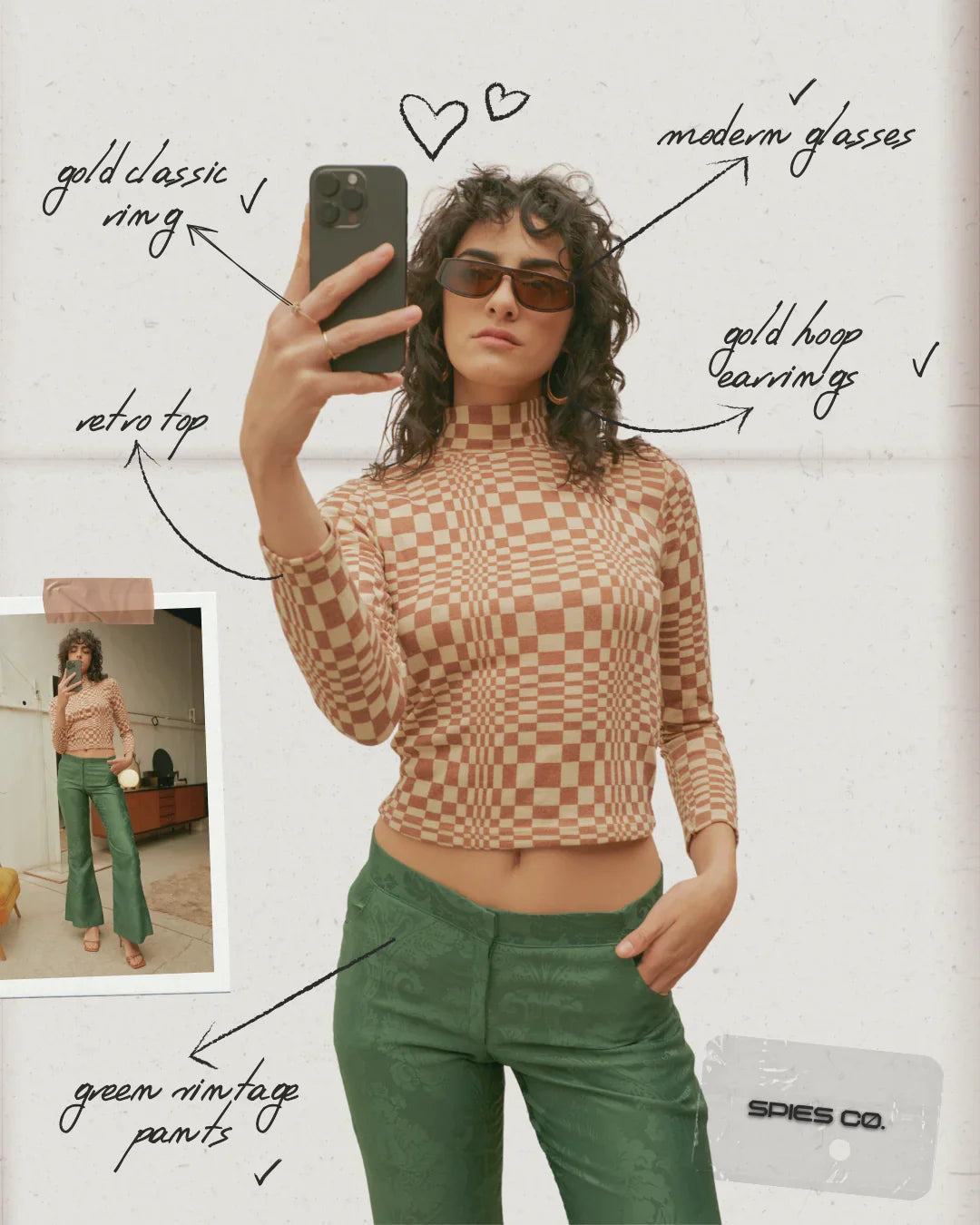 Woman in retro checkered top, green vintage pants, modern glasses, gold jewelry, mirror selfie