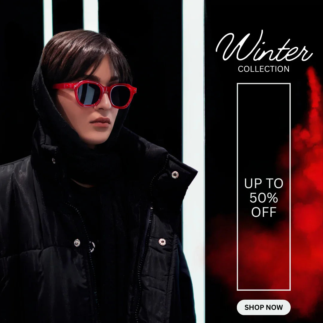 Winter fashion sale ad with person in black coat, red sunglasses, up to 50% off.