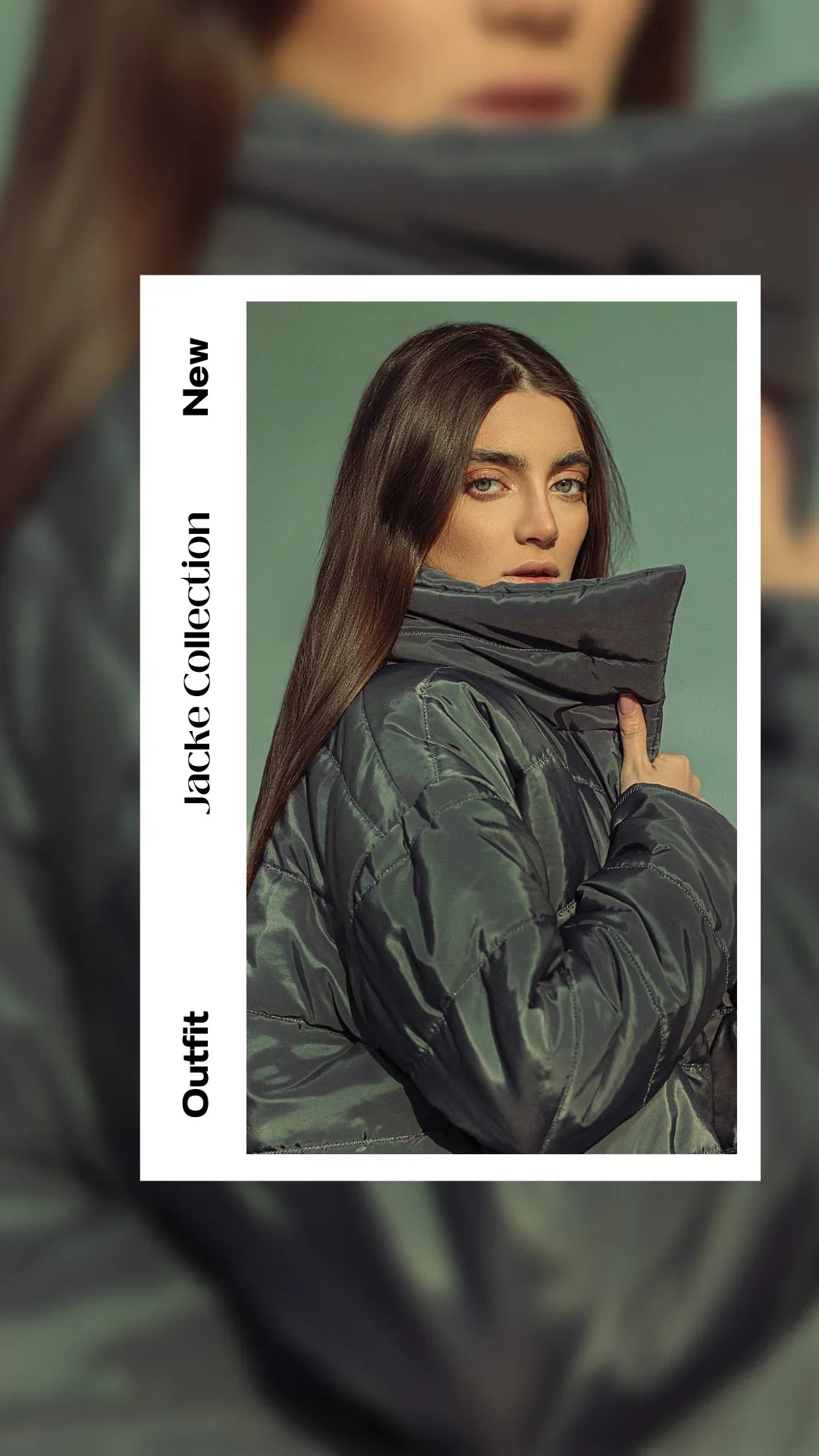 Woman in dark puffer jacket, winter fashion, new jacket collection Instagram story