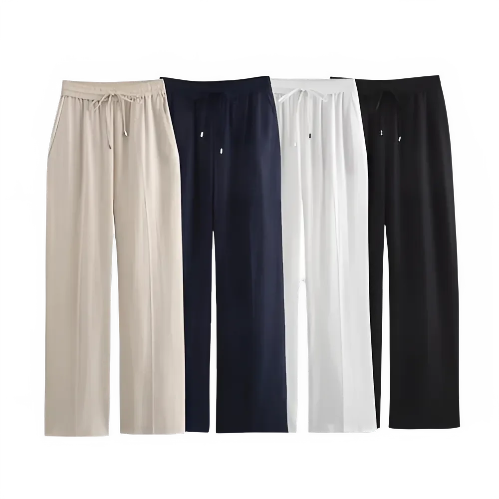 Wide leg drawstring pants in beige, navy, white, and black on black background