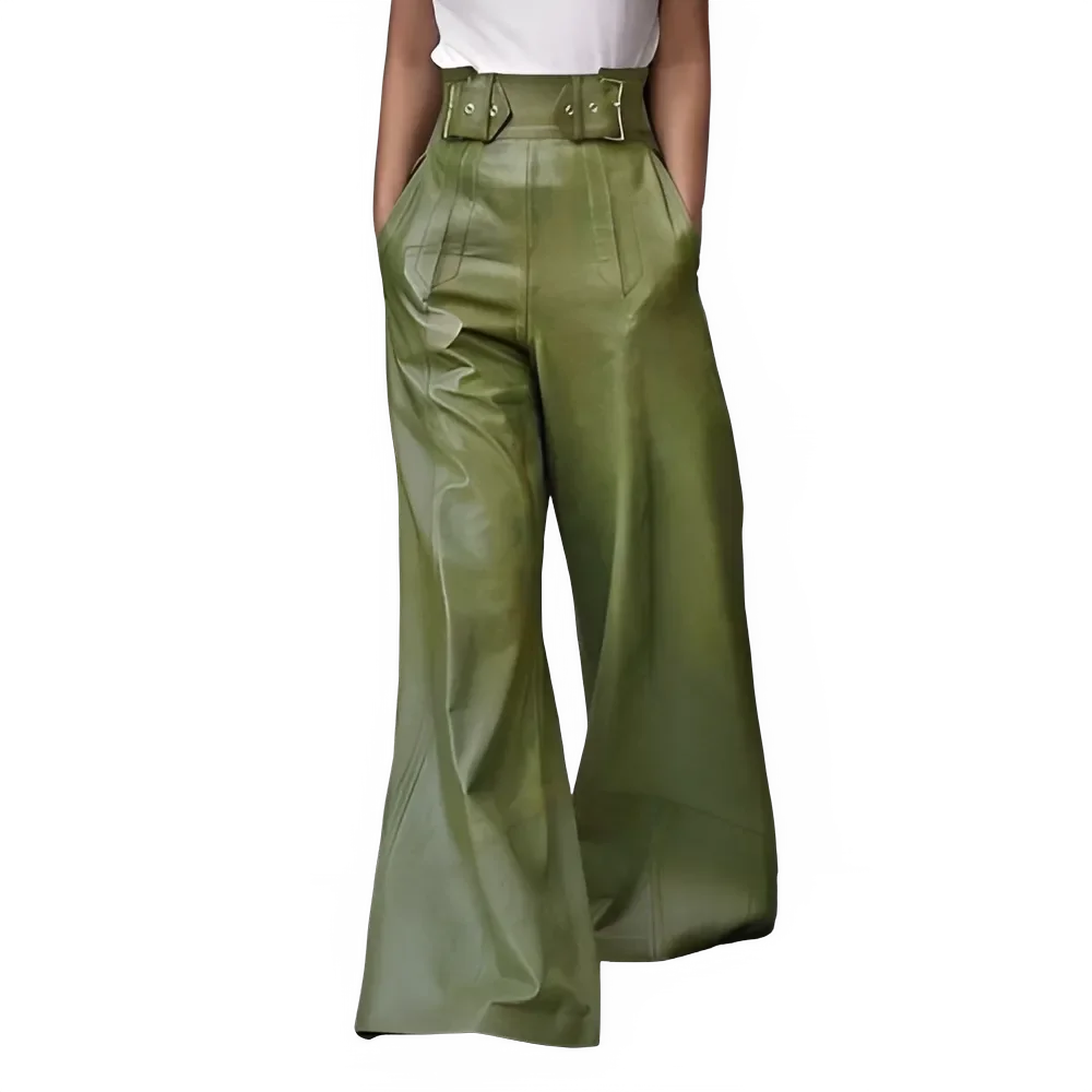 Wide leg high waist olive green leather pants with belt, women's fashion