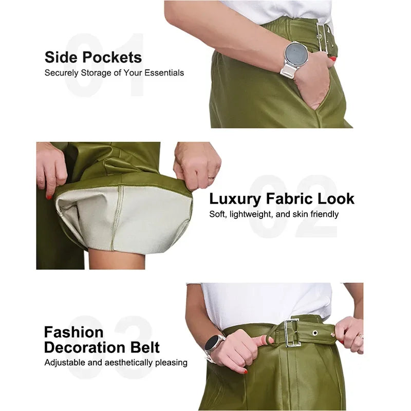 Green pants with side pockets, luxury fabric, and a stylish belt, modeled by a woman.