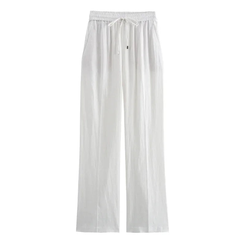 White linen drawstring wide-leg pants with elastic waistband and front pockets on white background