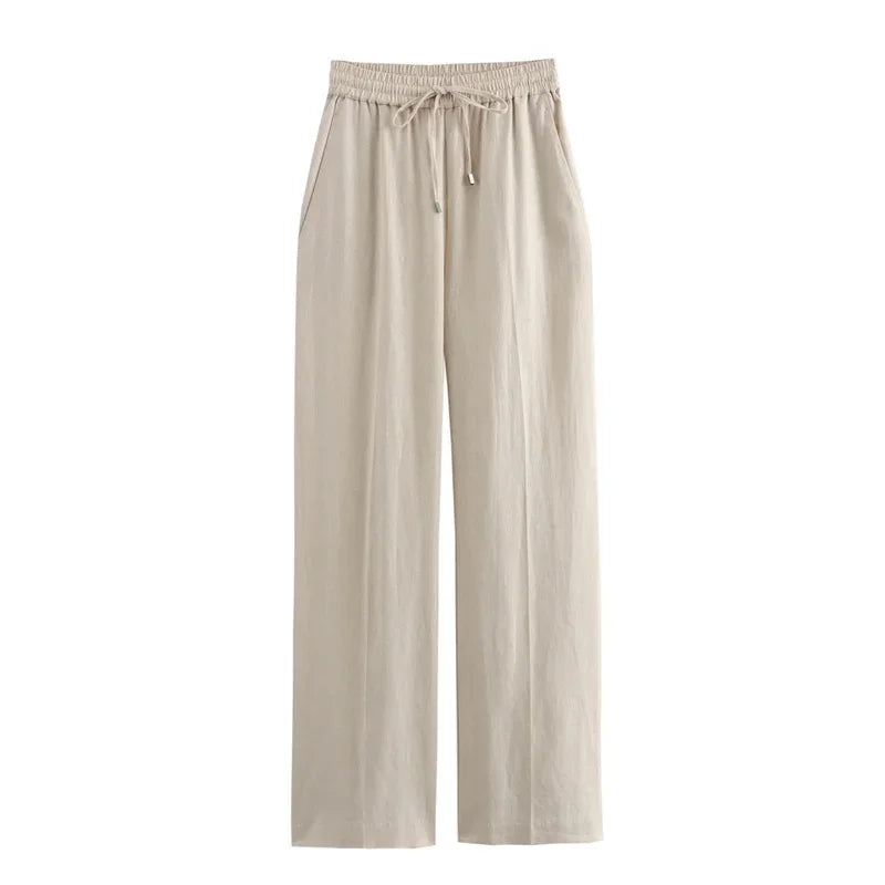 Beige linen drawstring wide leg pants with pockets on a white background