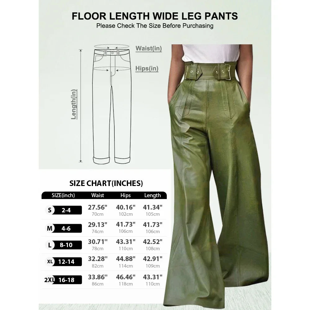 Size chart and model wearing olive green floor length wide leg pants with high waist