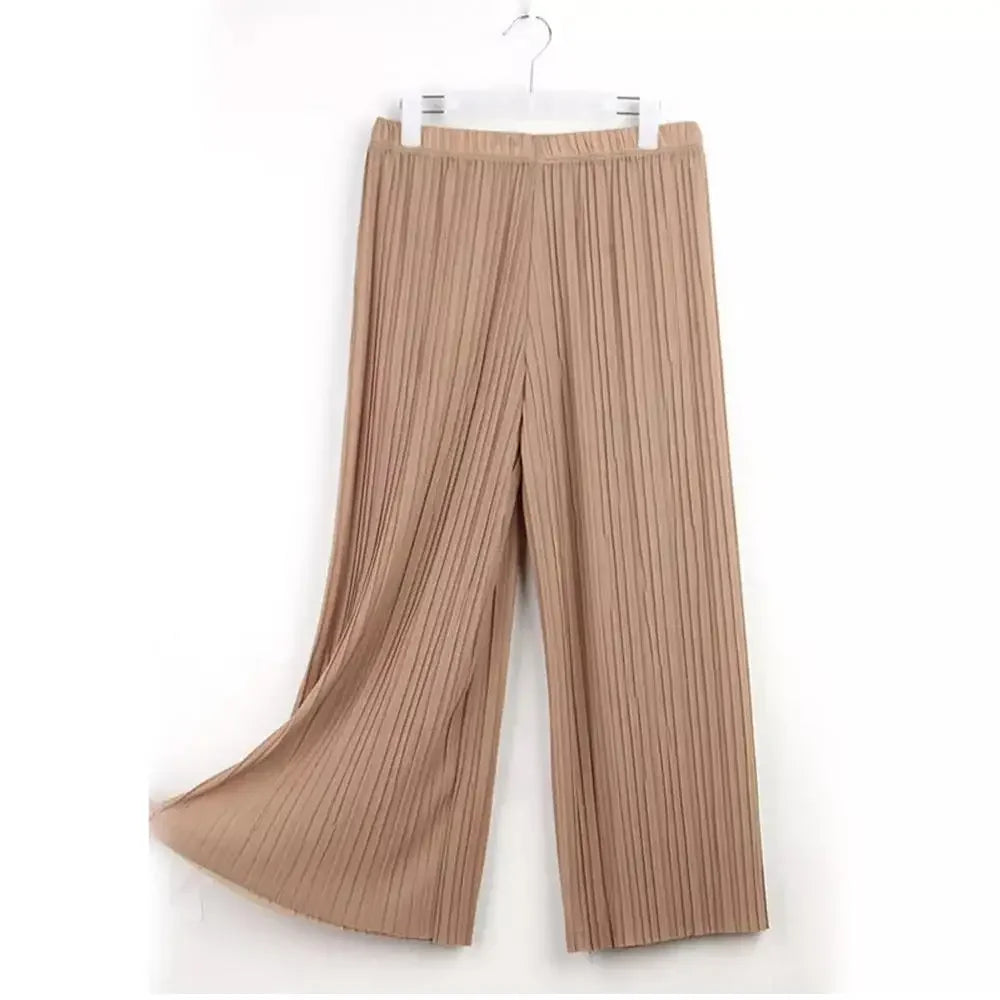 Beige pleated wide leg pants on hanger against white background