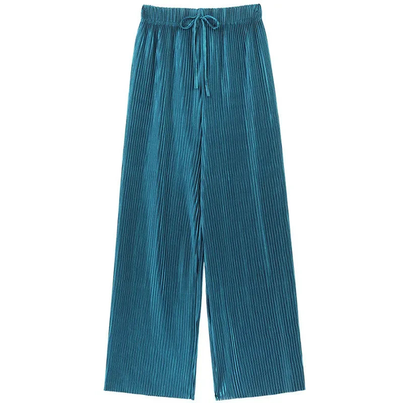 Teal pleated wide-leg velvet pants with drawstring waist on white background