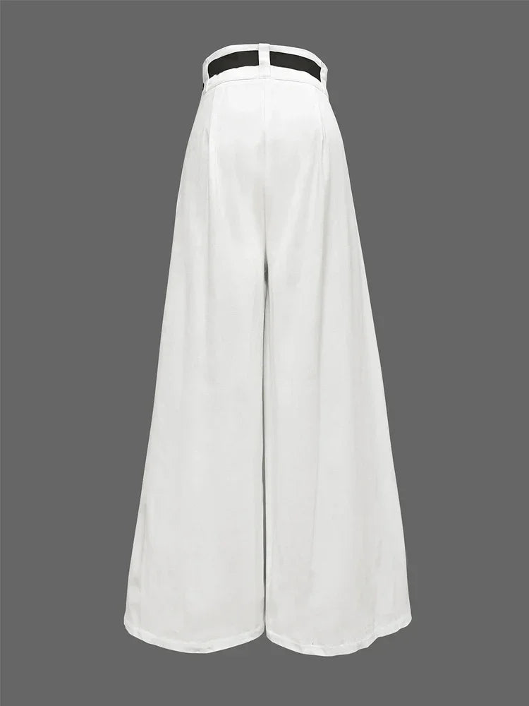 Wide-leg white high-waisted pants with double waistband, back view on gray background