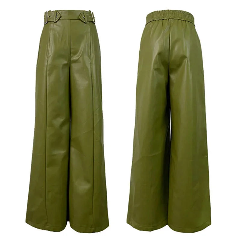Olive green faux leather wide-leg pants with high waist and belt accents, front and back views