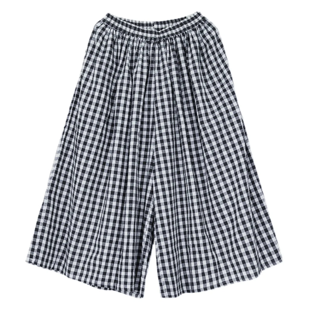 Black and white gingham wide-leg culottes with elastic waistband