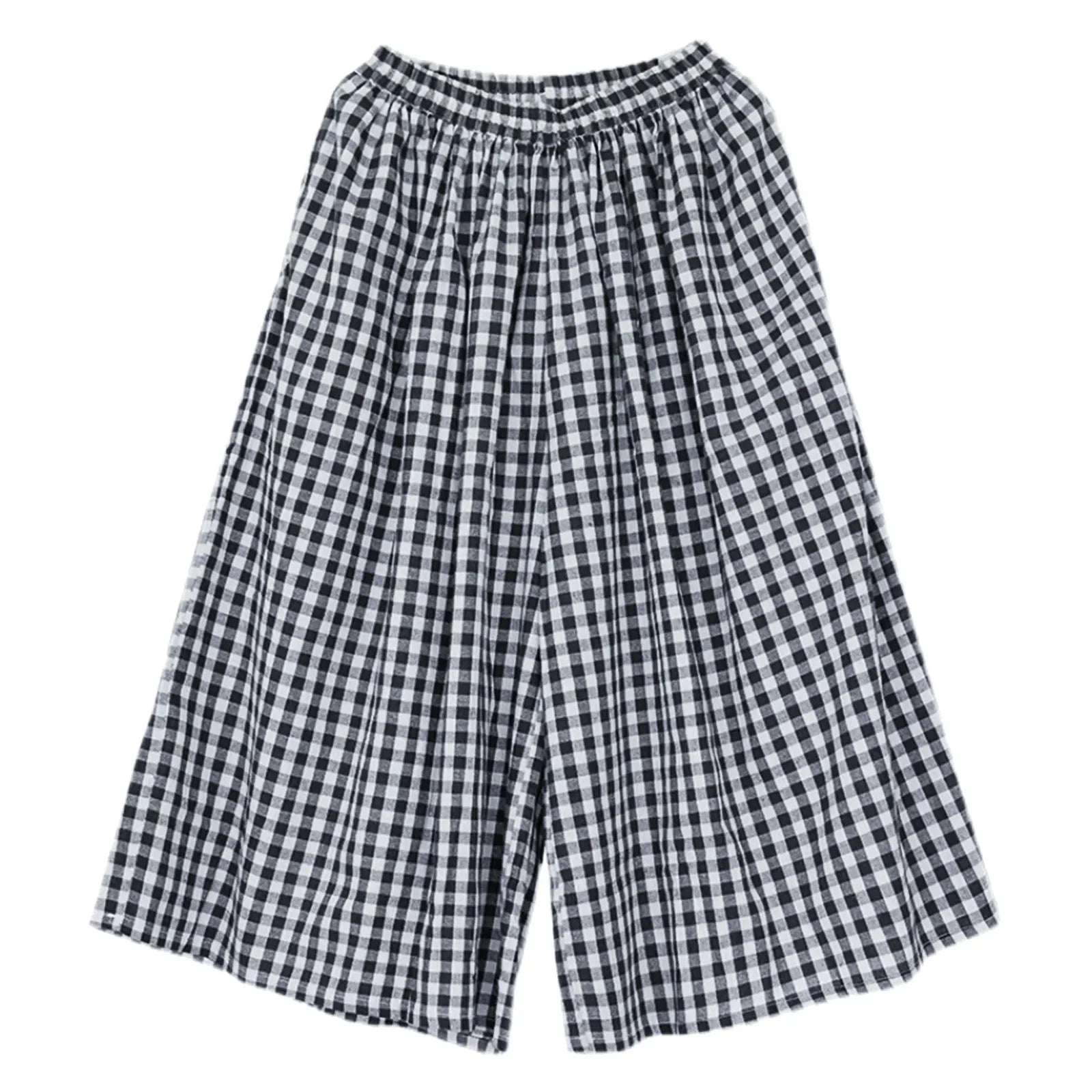 Black and white gingham wide-leg culottes with elastic waistband