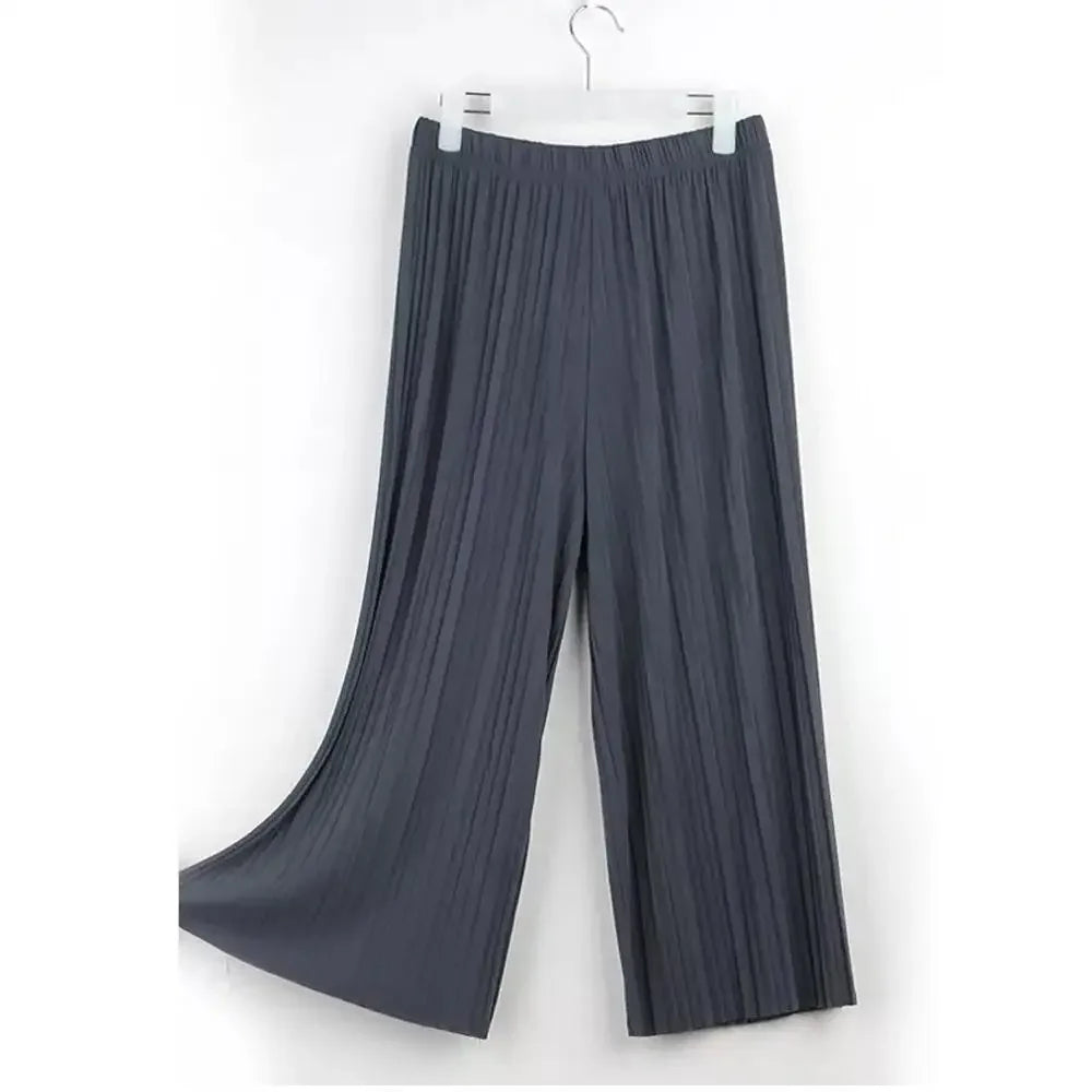 Wide leg dark gray pleated pants with elastic waistband on hanger