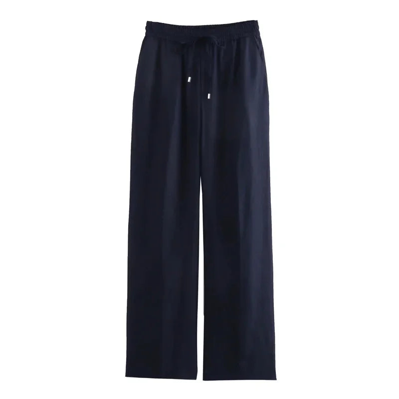 Navy blue wide leg pants with drawstring waist, casual women's loungewear trousers