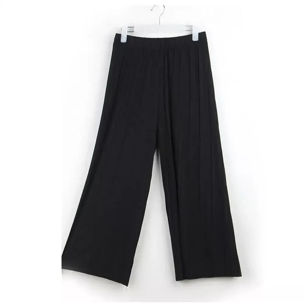 Black pleated wide leg pants with elastic waistband on hanger against white background